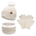 Enfants Bébés Hiver Bonnet Gants Tactiles Écharpe Ensemble Bonnet Pompon Moufles Cache-Cou avec Doublure Polaire pour 5-8 Ans Fille Garçon