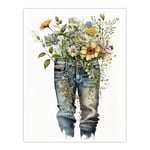 Wee Blue Coo Gardening is in my Genes Bouquet Cutoff Jeans Vase Watercolour Painting Orange Pink Spring Flower Blooms Extra Large XL Wall Art Poster Print