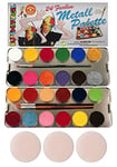 Eulenspiegel 224007 - Maquillage aqua professionnel, 24 couleurs, 3 pinceaux professionnels, 3 éponges, palette métallique