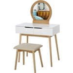 Coiffeuse design scandinave table de maquillage avec miroir, 2 tiroirs et tabouret blanc pin clair