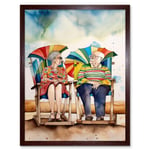 Happy Elderly Couple On Summer Beach Chairs Watercolour Painting Art Print Framed Poster Wall Decor 12x16 inch