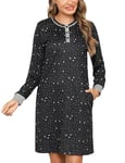 Jahetuul Chemise de Nuit Femme à Manches Longue pour Femme avec Bouton Nuisette Femme Coton avec Poches Robe Chemise Longue Femme avec Motif Étoilé Tee Shirt Nuit Femme