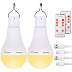 2 pièces Ampoule rechargeable, USB Blanc chaud Ampoule rechargeable avec 5 modes d'éclairage,Timing-Funkti télécommandé,Rechargeable Light Bulb avec crochet pour l'extérieur, le jardin et la pêche