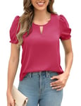 Zeagoo Blouse Femme Été Col Rond Élégant Chemise Chiffon Shirt à Manches Courtes Fluide Haut Ample Tunique, Rose Rouge, L