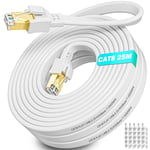 Cable Ethernet 25m, Cable RJ45 Plat Cat 8 Blindé FTP Extérieur Intérieur, Câble Réseau 25m Haut Debit Fibre 40Gbps 2000MHz, Gigabit Blanc Câble Internet LAN pour Routeur Modem.[G355]