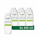 Simple Kind to Skin Refreshing Shower Gel Body Wash with cucumber extracts and pro-vitamin B5 for sensitive skin 6x 450 ml