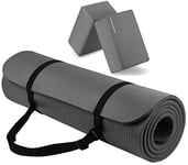 Fitvids Tapis de yoga multi-usage extra épais de 1,27 cm haute densité anti-déchirure avec sangle de transport et blocs de yoga, gris