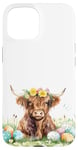 iPhone 15 Highland Cow Spring Cute Easter Pattern Eggs Floral Flowers Case