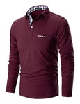 STTLZMC Mens Long Sleeve Polo Shirts Plaid Collar Basic Casual T-Shirt #11 Wine Red S