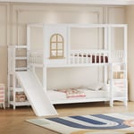 Lit superposé 90x200cm - lit enfant en bois massif - forme maison avec fenêtre, toboggan et échelle de rangement - Blanc