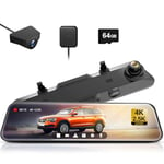 WOLFBOX Rear View Mirror Camera:Mirror Dash Cam Front and Rear 4K+2.5K for Car with 12" Full Touch Screen, Waterproof Backup WDR Camera, Night Vision, G-Sensor, Parking Assist,Included 64GB Card & GPS