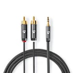 Premium Minijack 3.5mm til 2 x Phono/RCA kabel - Guldbelagt - Metalgrå - 1 m