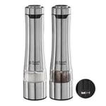 Russell Hobbs Set Moulins à Sel et Poivre électrique [2 Moulins automatiques] Acier brossé Inox (Finesse de broyage réglable, Meules en Céramique, pour épices séchées, Eclairage LED) 23460-56