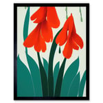 Modern Abstract Crimson Red Bloom Wild Flowers Teal Leaves on White Art Print Framed Poster Wall Decor 12x16 inch