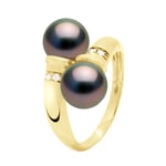 Ateliers Saint Germain Womens Ring You & Me Diamonds 0,06 Cts 2 Real Cultured Tahiti Pearls Round 8-9 mm - Yellow Gold - Black - Size Q