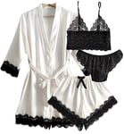 Laura Lily - Ensemble de Pyjama en Soie Satin pour Femme avec Dentelle 4 pièces, Peignoir, Haut Bralette, Slip et Short. Luxe, Sexy et élégant. Blanc S