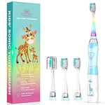 Brosse à Dents Électrique Enfant 3-6-8-12 Ans, Brosse à Dent Electrique Enfant Sonique Avec Minuteur, Lumières LED Arc-En-Ciel Et 4 Têtes à Poils Doux Pour Kids Filles Et Garçons (Girafe Bleue)