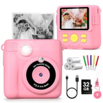 Kids Camera, 1080P Instant Camera for Kids, 16x Digital Zoom Kids Camera for Girls, 32GB Card, 3 Rolls Print Paper, Birthday Christmas Kids Toys Gifts Selfie Childrens Digital Camera for Kids Age 3-12