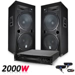 Pack DJ sono PA Enceintes 2x15"/38cm 2000W bassreflex BM SONIC + Ampli 1000W MyDj + CABLES