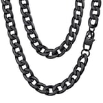 FaithHeart Chaîne Cubain Noire Homme 75cm en Acier Inoxydable,Bijoux Collier Grosse Maille Plate Épaisseur 12mm pour Hommes et Femmes