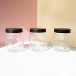 Set of 3 Glass Storage Jars 1.2L Tea Coffee Sugar Canisters Black Lids Sweet