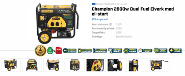 Champion 2800w Dual Fuel Elverk med el-start CPG3500E2