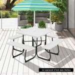 Costway Table De Pique-Nique Ronde Avec 4 Bancs Pour 8 Personnes, Trou Pour Parasol, Table De Camping Pour Terrasse, Jardin, Blanc