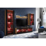 Meuble TV Tivoli Set Medio Komodee - LED RGB - Noir Mat et Bois naturel - 195x159x35 cm