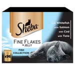 96 X 85g Sheba Fine Flakes Luxury Adult Wet Cat Food Pouches Mixed Fish In Jelly
