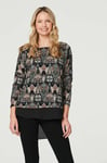 Izabel London Womens Black Printed Layered Hem Jumper - Size 14 UK