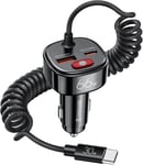 Chargeur De Voiture Usb C [Avec Protection De Batterie] Adapter De Voiture Super Rapide 66w Pd Et Qc 3.0, Câble Spiralé Type-C 1,8m Pour Samsung/Google Pixel/Moto/Android,Iphone,Ipad Pro,Etc.[F3109]