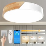 Plafonnier Bois,Plafond Dimmable 3000K-6000K,Plafonnier Led Télécommandé,24W Luminaire Moderne Pour Le Salon, La Chambre Et Le Couloir, 30CM,Blanc