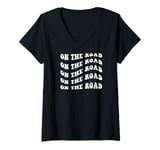 Womens Vintage On The Road Retro Wavy Text V-Neck T-Shirt