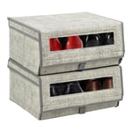 2 x Fabric Stackable Shoe Storage Boxes with Lid & Transparent Window Beige