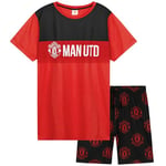 Manchester United F.C. Boys Short Pyjamas Set, Breathable Lounge Wear - Man United Gifts for Boys (Black/Red AOP, 7-8 Years)