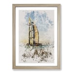 Big Box Art The Burj Al Arab in Dubai Vol.1 Watercolour Framed Wall Art Picture Print Ready to Hang, Oak A2 (62 x 45 cm)