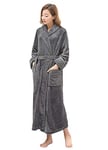 PUTUO Womens Luxury Soft Fleece Dressing Gown Ladies Bathrobe Full Long Fluffy Nightwear Housecoat Robe (GY, S/M)