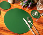 9 Piece British Racing Green Bonded Leather Dinning Set Runner 8 Round Placemats