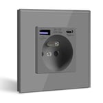 BSEED Prise Murale avec USB C PD20W,Prise de courant à Encastrer,16A Prise de Courant Alternatif avec Panneau en Verre,Chargeur Rapide Multiprises avec 1 USB-C 20W, Idéal pour Maison, Bureau-Gris