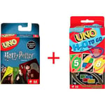 Mattel Games - Bundle Pack - UNO H20 to GO (P1703) + UNO Harry Potter (FNC42). H20, water resistant cards game. Harry Potter Collectors Deck of 112 Cards with Hogwarts Character Images.