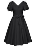 Belle Poque Robe de soirée vintage années 1950 en dentelle à manches courtes avec ceinture et poches pour femme, Noir , XXL