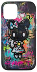 Coque pour iPhone 15 Pro Graffiti gothique noir Kitty Hello Halloween Print