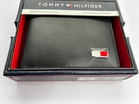 TOMMY HILFIGER BLACK LEATHER BIFOLD WALLET  NEW IN GIFT BOX BIG METAL LOGO RFID