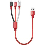 ASICEN Multi Charging Cable 3A [35CM], 3 in 1 USB Multi Charger Cable, Short Charging Cable Nylon Braided with iP/Type C/Micro USB for iPhone 16/15/14/13/12/Android Galaxy/Pixel/LG/Tablets-Red