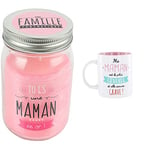 DITES LE AVEC DES MOTS MO0156 Bougie Mason Jar Cire/Verre Rose 7,80 x 7,80 x 13,20 cm & MO0555 Mug Maman M12 Céramique Rose 12 x 8,20 x 9,70 cm