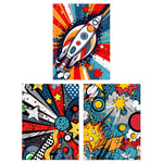 Set of 3 Space Pop Art Comic Book Style Artwork Planet Stars and Rocket Kids Bedroom Unframed Wall Art Living Room Poster Prints Pack