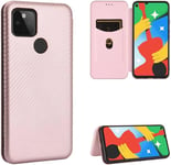 Compatible Avec Coque Google Pixel 5, Mince Flip Fibre De Carbone [Test De Chute] Antichoc Stand Fente Avec Carte, Protecteur D'écran En Verre Trempé*2-Or Rose