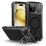 Lanhiem Coque pour iPhone 15 Plus (6.7), Métal et Rigide [Protection Caméra & Supports] Antichoc Militaire avec du Verre trempé Integrale Indestructible Chantier Etui [Compatible Charge sans Fil] Noir