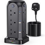 Tower Extension Lead 5M, 12 Way Extension Lead Surge Protection, Extension Lead with 4 Individual Switches, Extension Lead with 6 USB Slots[2 Type C & 4 USB A], Black Extension Tower for Home,Office