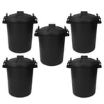 5 x Large 80L Plastic Black Dustbin Lid Lock Kitchen Garden Heavy Duty Storage